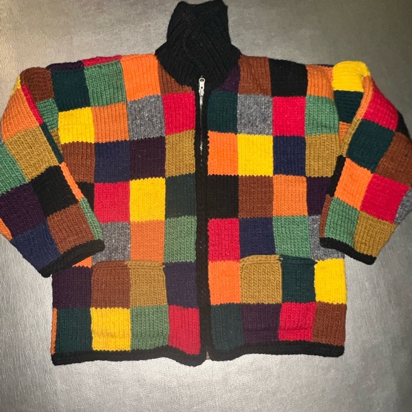 Color block handmade in Guatemala wool zip front sweater large - Picture 1 of 4